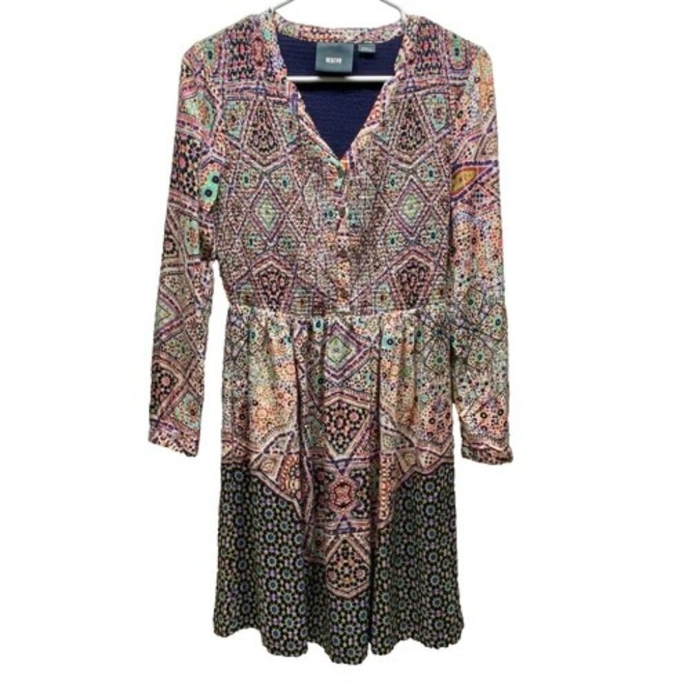 Maeve Smocked Front Dress Women's XS Multicolor Boho Fit & Flare Long Sleeve EUC